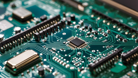 Close-up of electronic circuit board with microcircuits. Technology backgroundの素材