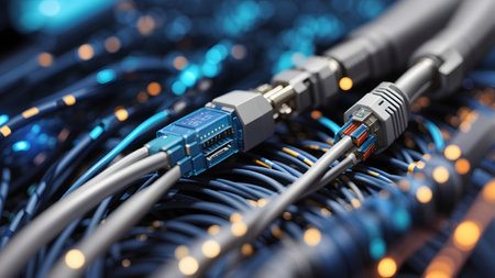 Fiber Optic cables with connectors and connectors in data center. 3d illustrationの素材