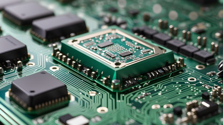 Close-up of electronic circuit board, microchip. Technology backgroundの素材