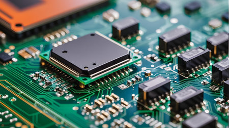 Close-up of electronic circuit board with microcircuits. Technology backgroundの素材