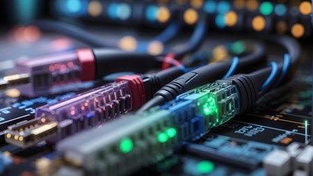 Close-up of network cables with LED lights. 3D renderingの素材