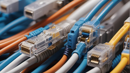 close up of network cables connected to each other, shallow depth of fieldの素材