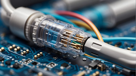 Close-up of electronic circuit board with cable plug. Technology backgroundの素材