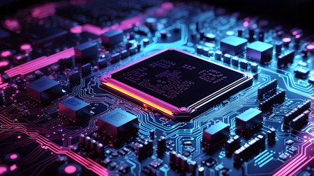 Close up of electronic circuit board with CPU processor. 3D renderingの素材