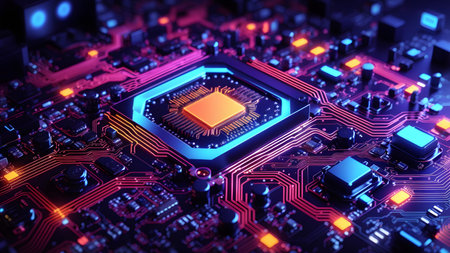 Circuit board close-up. Technology background. 3d renderingの素材