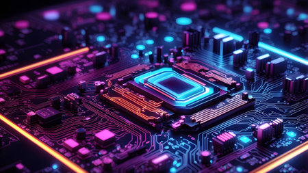 Close-up of electronic circuit board with microchips. 3D renderingの素材