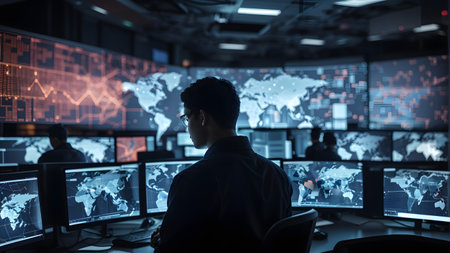 Security guard monitoring modern CCTV cameras in surveillance room at night. Mixed mediaの素材