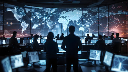 Silhouettes of business people in modern office with world map on the wallの素材