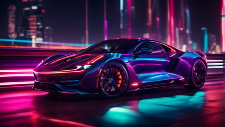 3D rendering of a brand-less generic concept car in the nightの素材