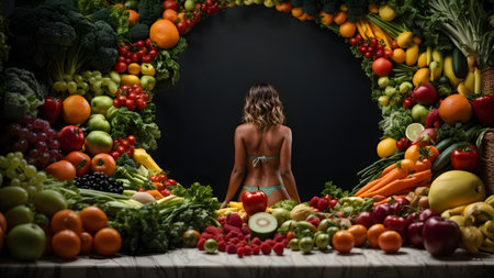 Young woman in bikini surrounded by fresh fruits and vegetables on black backgroundの素材
