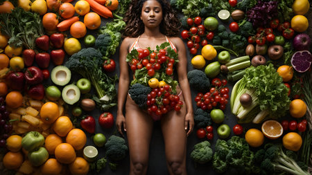 top view of african american woman in bikini surrounded by fruits and vegetablesの素材