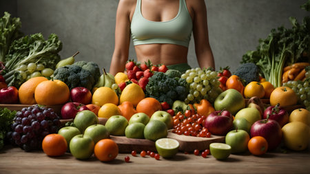 Young woman with fruits and vegetables on wooden table. Healthy eating conceptの素材