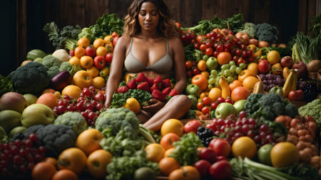 Beautiful african american woman in underwear surrounded by fruits and vegetablesの素材