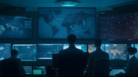 Group of business people working together in modern office with monitors and world mapの素材