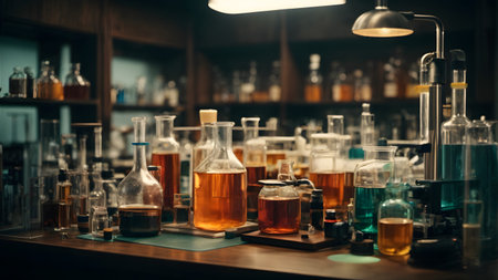 Laboratory glassware with chemical liquids. Science laboratory research and development conceptの素材