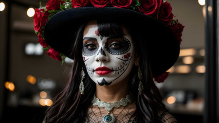 beautiful woman with sugar skull makeup and red roses bouquet at halloweenの素材