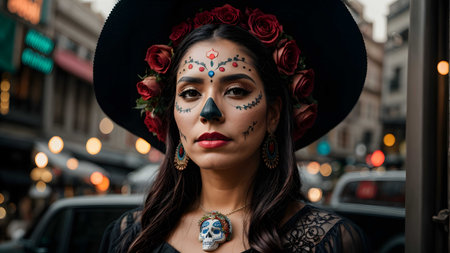 beautiful young woman with sugar skull makeup for halloween in cityの素材