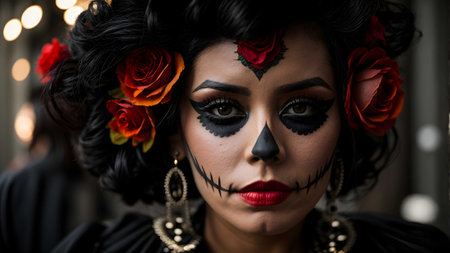 Mexican woman with sugar skull makeup and red roses in her hairの素材