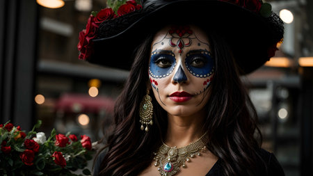 Portrait of a beautiful woman with sugar skull makeup. Dia de los muertos. Day of The Dead. Halloween.の素材