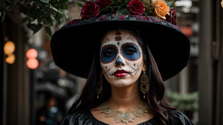 Mexican woman with sugar skull makeup and traditional costume in Mexico cityの素材