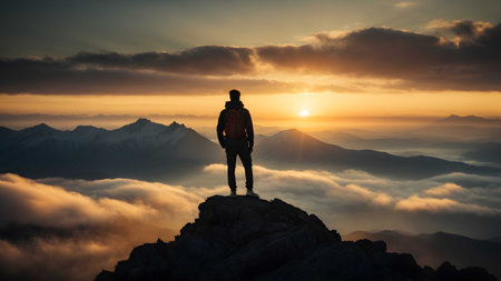 Silhouette of a man standing on the top of the mountain and looking at the sunriseの素材