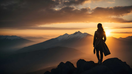 Beautiful woman standing on the top of the mountain and looking at the sunsetの素材