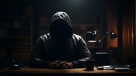 Hooded man sitting at the table in his office late at nightの素材