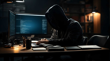 Hooded hacker stealing data from a computer in a dark officeの素材