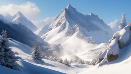 Snowy mountains panorama with clear blue sky and white clouds.の素材
