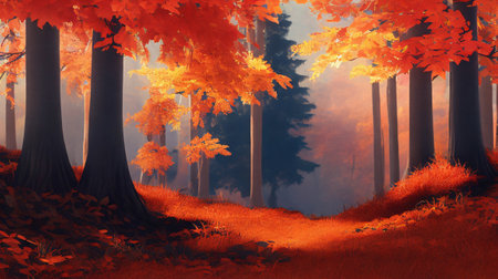 Autumn forest with orange leaves in the morning fog. 3d renderの素材