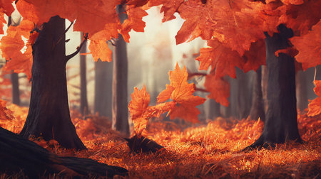 Autumn forest. Beautiful nature scene with trees and colorful leaves.の素材