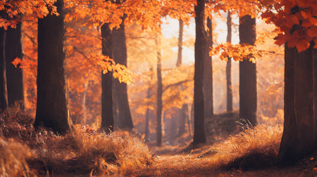 Autumn forest in the morning. Colorful autumn trees in sunlight.の素材