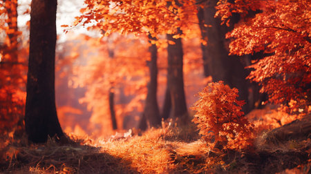 Autumn forest in the morning. Beautiful landscape with autumn trees.の素材