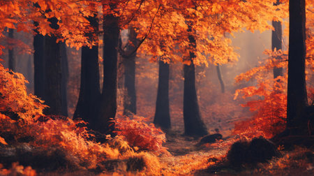 Autumn forest in a foggy morning. Beautiful autumn landscape.の素材