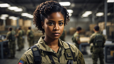 Portrait of confident african american female soldier standing in warehouseの素材