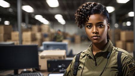 Portrait of confident african american female warehouse worker standing in warehouseの素材