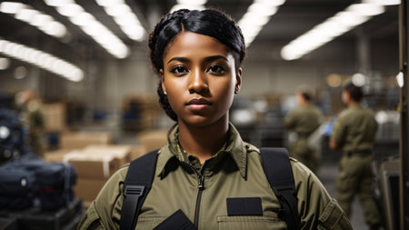 african american female soldier in military uniform looking at camera in warehouseの素材
