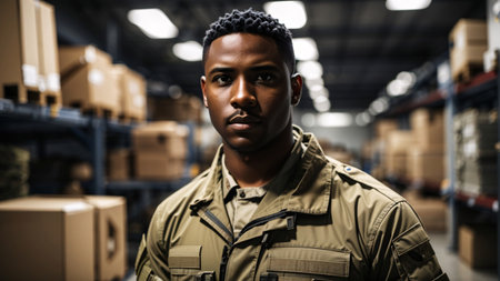 Portrait of confident african american man in uniform standing in warehouseの素材