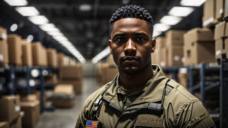 african american man in military uniform looking at camera in warehouseの素材