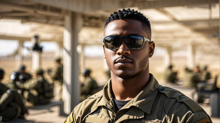 Portrait of african american soldier in military uniform and sunglassesの素材