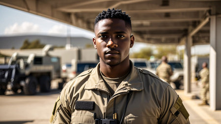 Portrait of a young african american soldier standing in front of military vehicleの素材