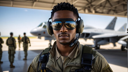 Portrait of young african american pilot with headphones in front of airplaneの素材