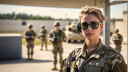 Portrait of beautiful young female soldier standing in front of her teamの素材