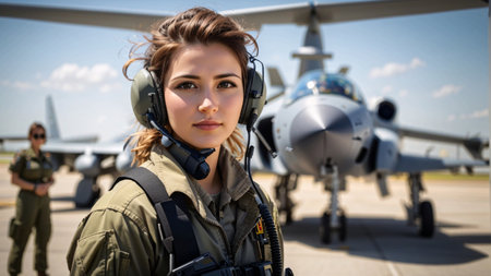 Portrait of a beautiful young female pilot in uniform looking at cameraの素材