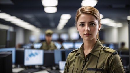 Portrait of confident female security guard standing in front of computer monitors in officeの素材