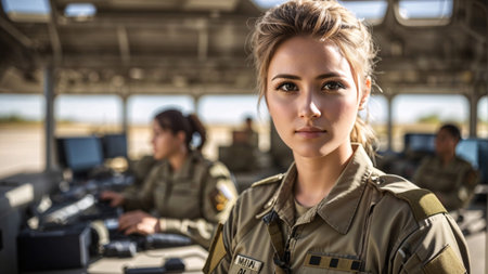 Portrait of young woman in military uniform looking at camera on helicopterの素材