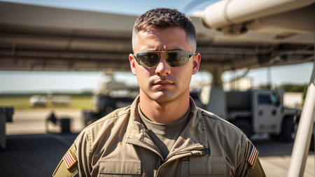 Portrait of a young soldier standing in front of a military aircraftの素材