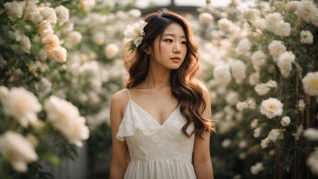 Portrait of a beautiful asian woman in white dress in the gardenの素材