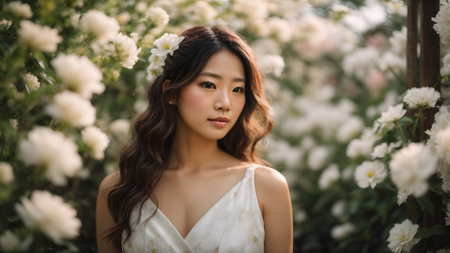 Portrait of a beautiful asian woman in white dress posing in the garden.の素材