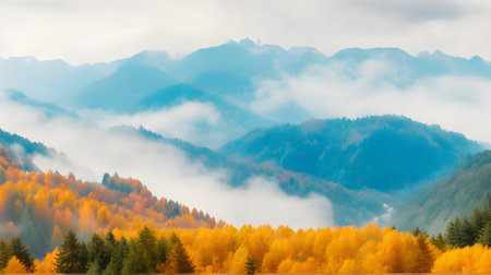 panoramic view of autumn forest and mountains in foggy dayの素材